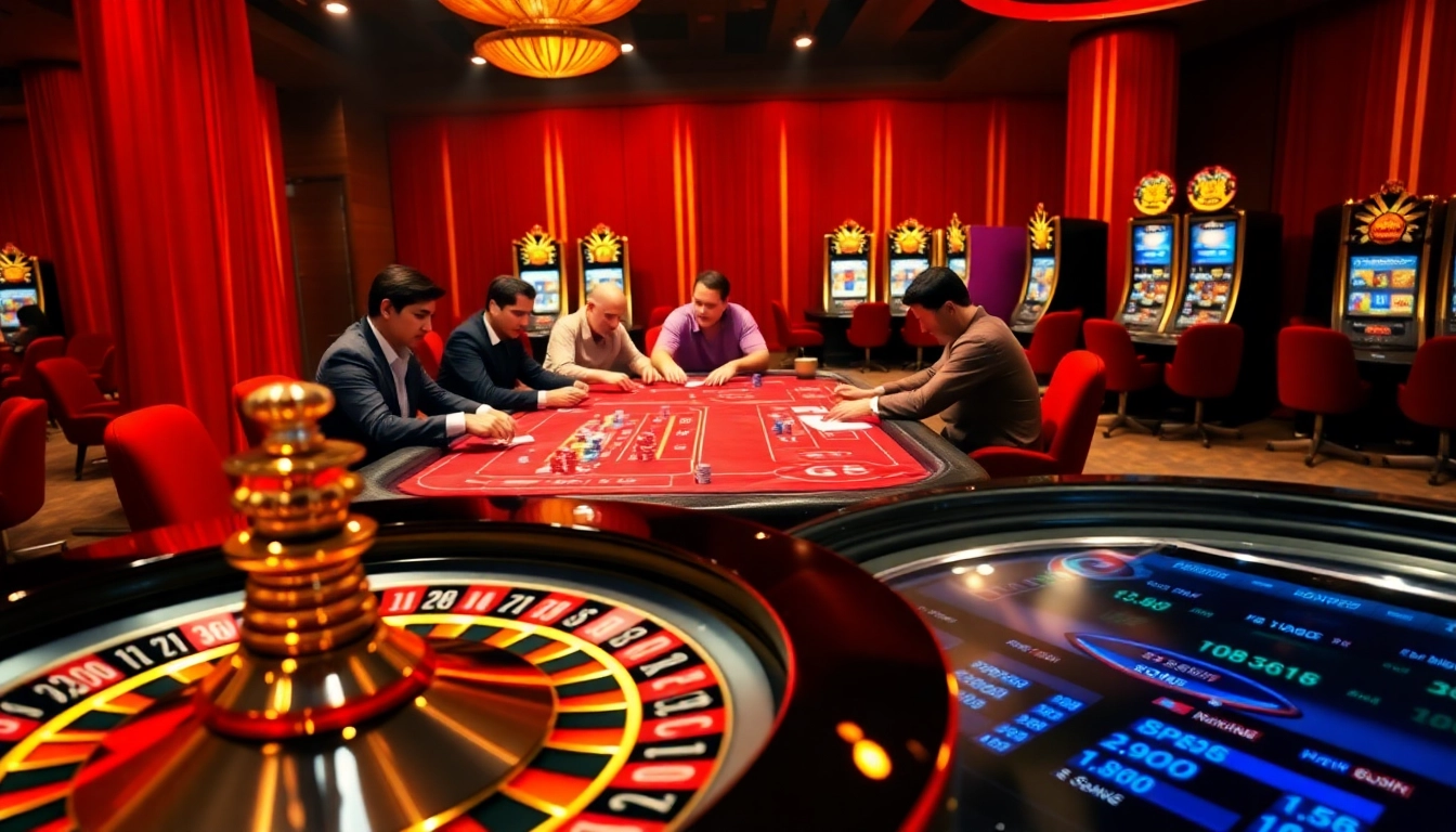 GO99 poker players animatedly compete at a bustling poker table in a lively casino.